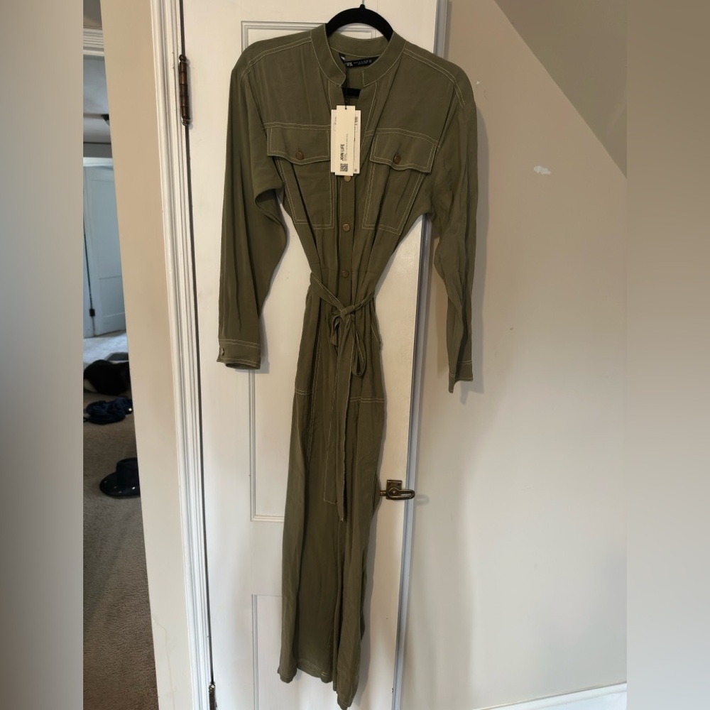 Zara Khaki Button-Up Shirt Dress